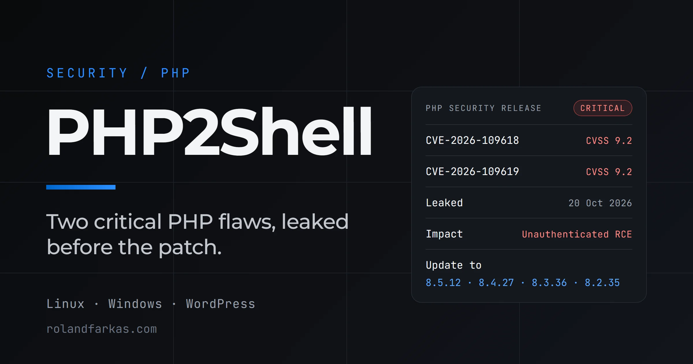 PHP2Shell: two critical PHP vulnerabilities, CVE-2026-109618 and CVE-2026-109619, rated 9.2, fixed in PHP 8.5.12, 8.4.27, 8.3.36 and 8.2.35